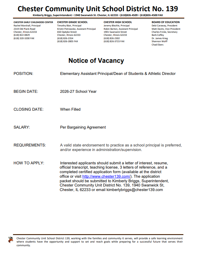 Grade School Asst. Principal/Dean of Students & Athletic Director needed for the 26-27 SY