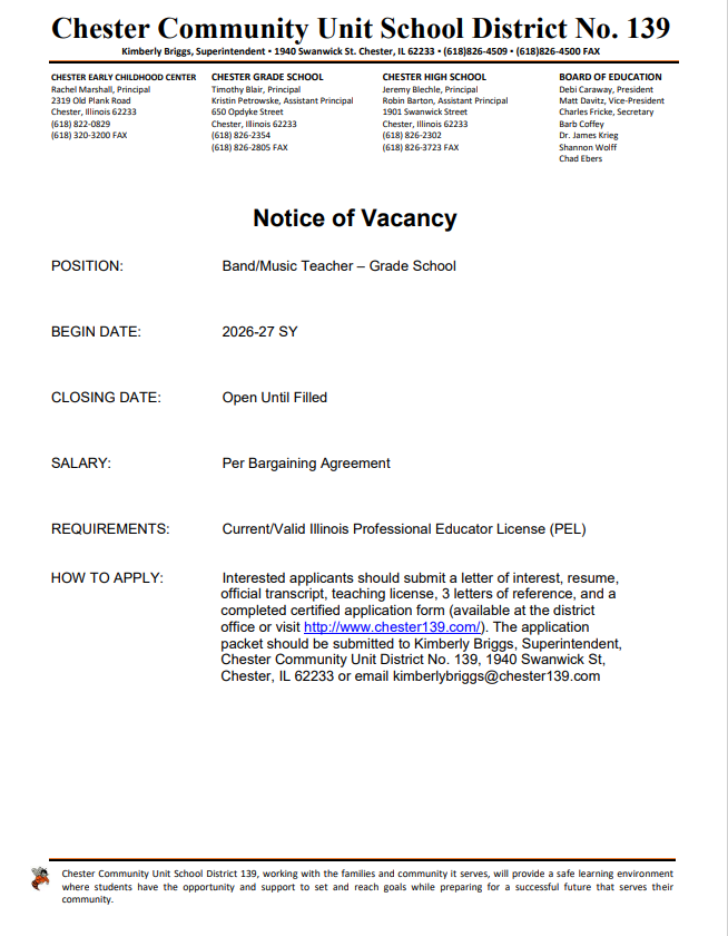 Grade School Band/Music Teacher needed for the 26-27 SY