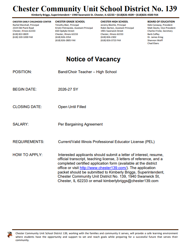 High School Band/Choir Teacher needed for the 26-27 SY