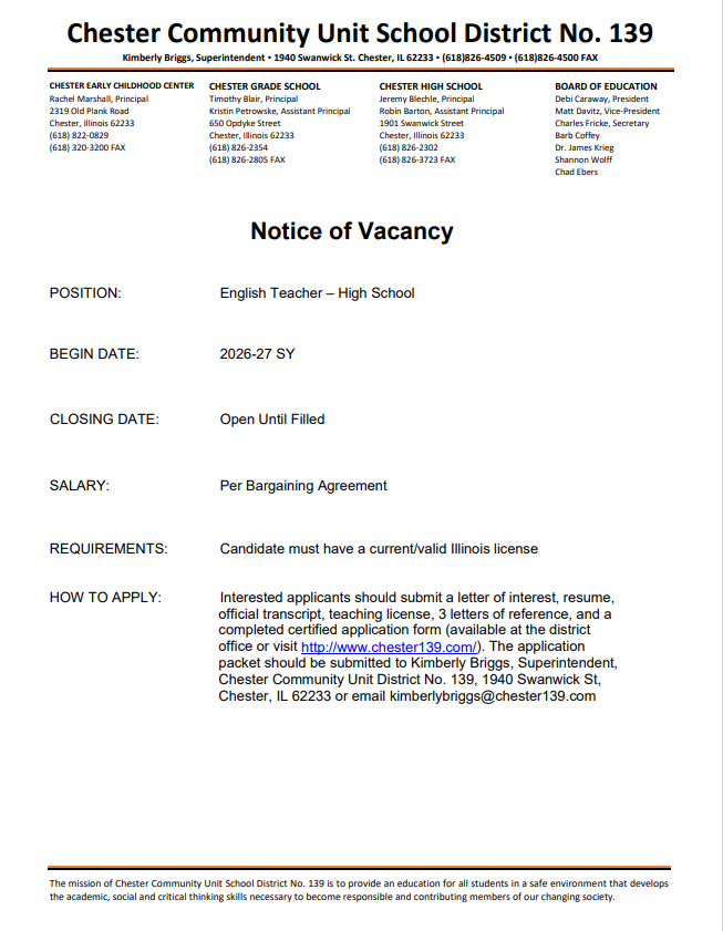 High School English Teacher needed for the 26-27 SY