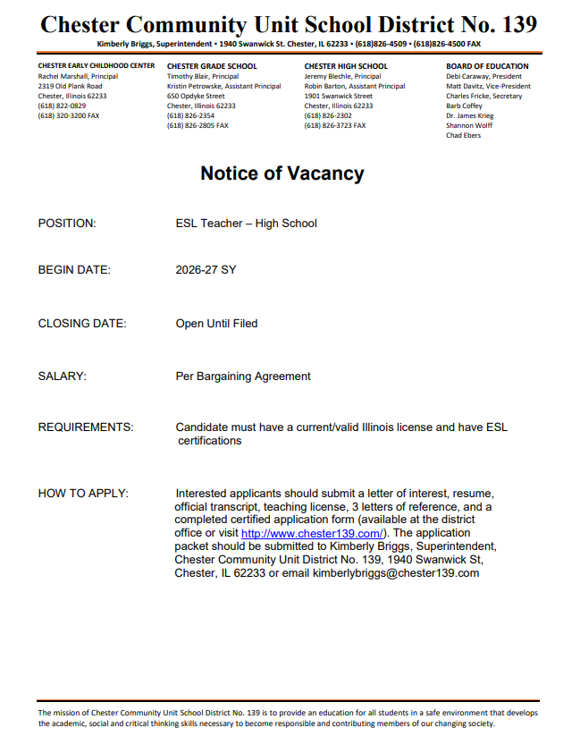 High School ESL Teacher needed for the 26-27 SY