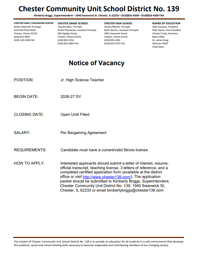 Jr. High Science Teacher needed for the 26-27 SY