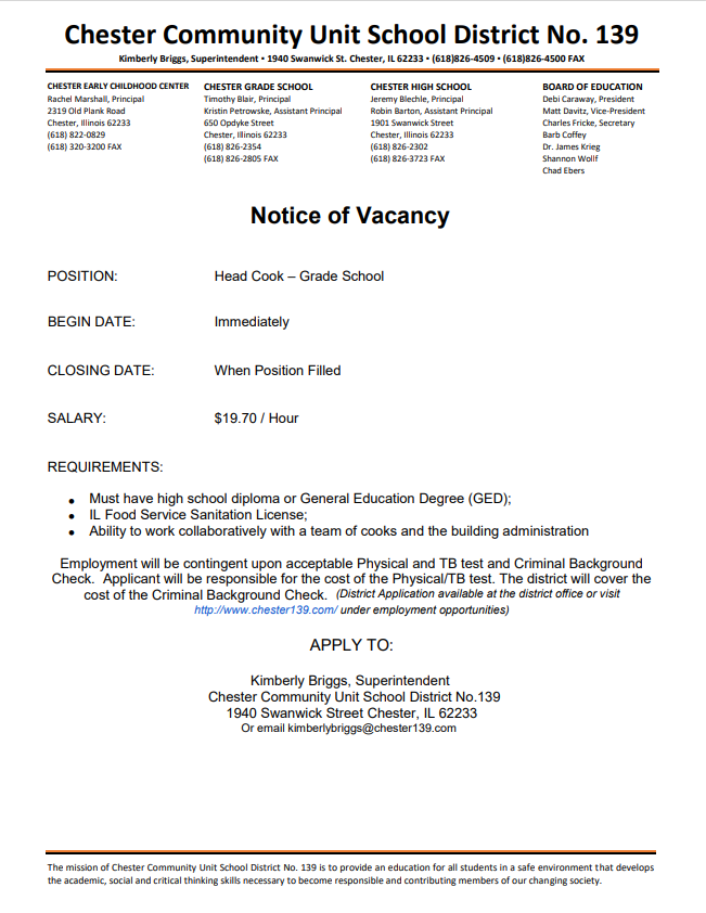 Head Cook at Grade school needed