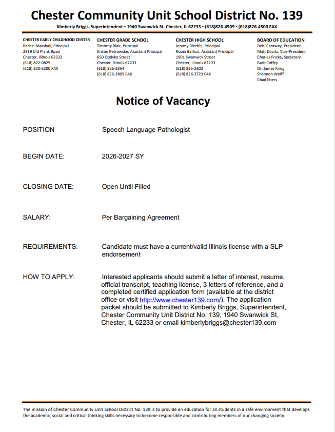 Speech Language Pathologist needed for the 2026-27 SY