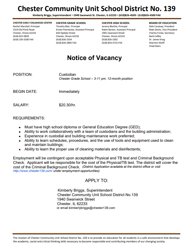 Grade School Night Custodian needed