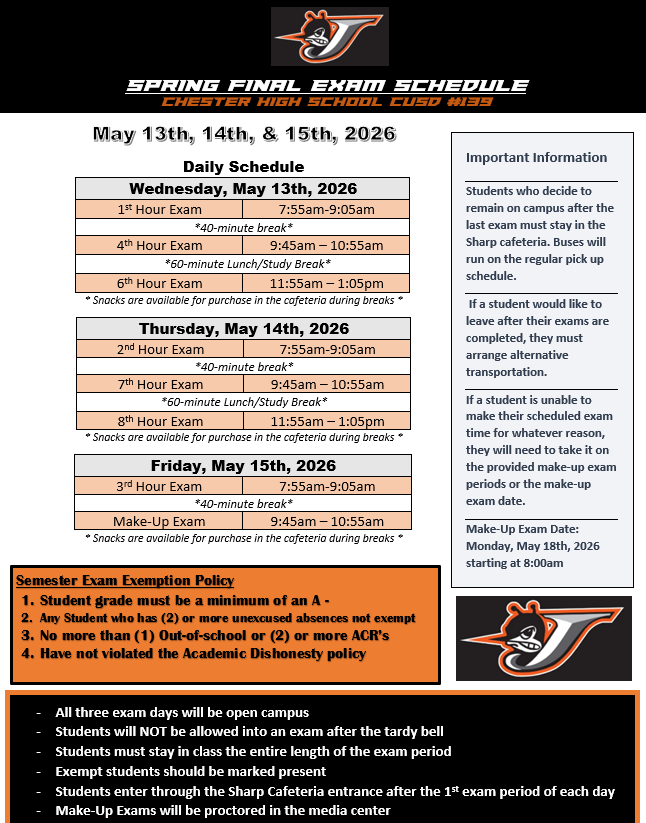 CHS Spring 2026 Exam Details