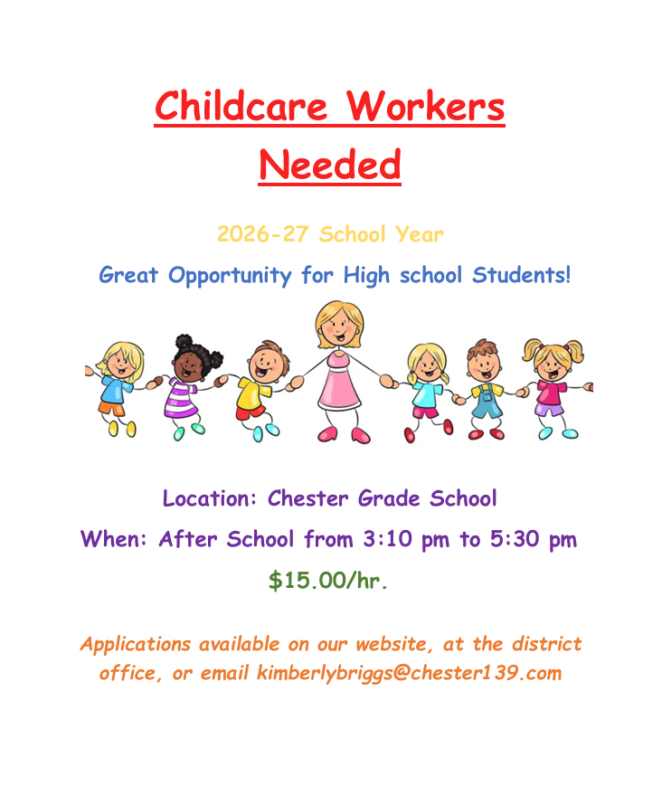 Childcare workers for Stingers program needed for the upcoming school year.