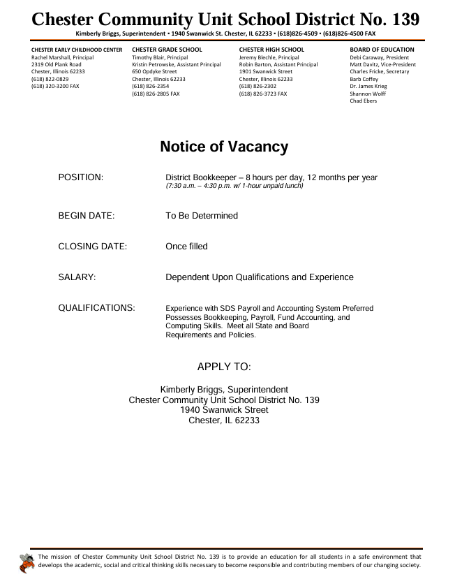 Bookkeeper opening at district office
