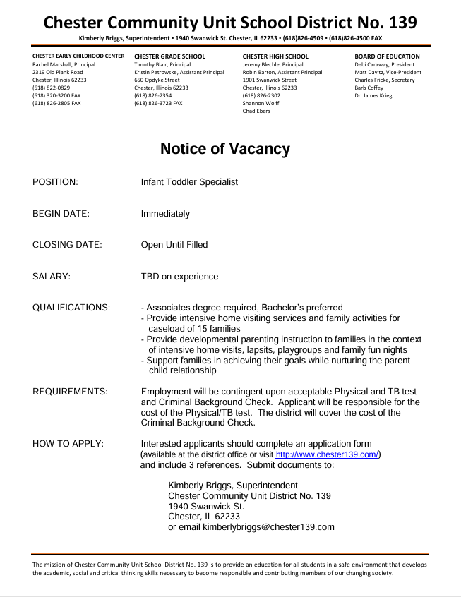 Infant Toddler Specialist vacancy