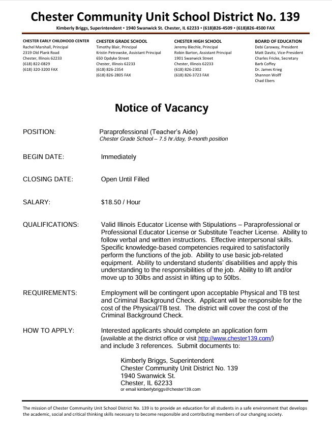 Grade School Paraprofessional vacancy