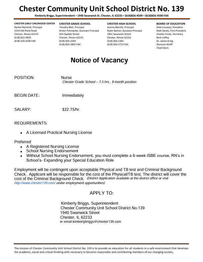 Grade School Nurse needed