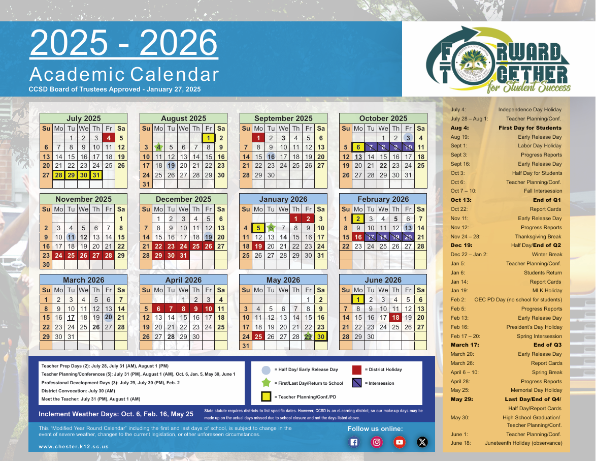 2025-2026 Academic Calendar | Chester High School