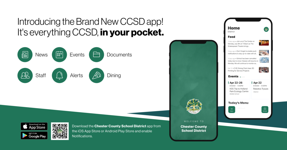 Introducing the New CCSD App. It's everything CCSD in your pocket. Download on iOS or Google Play Store. 