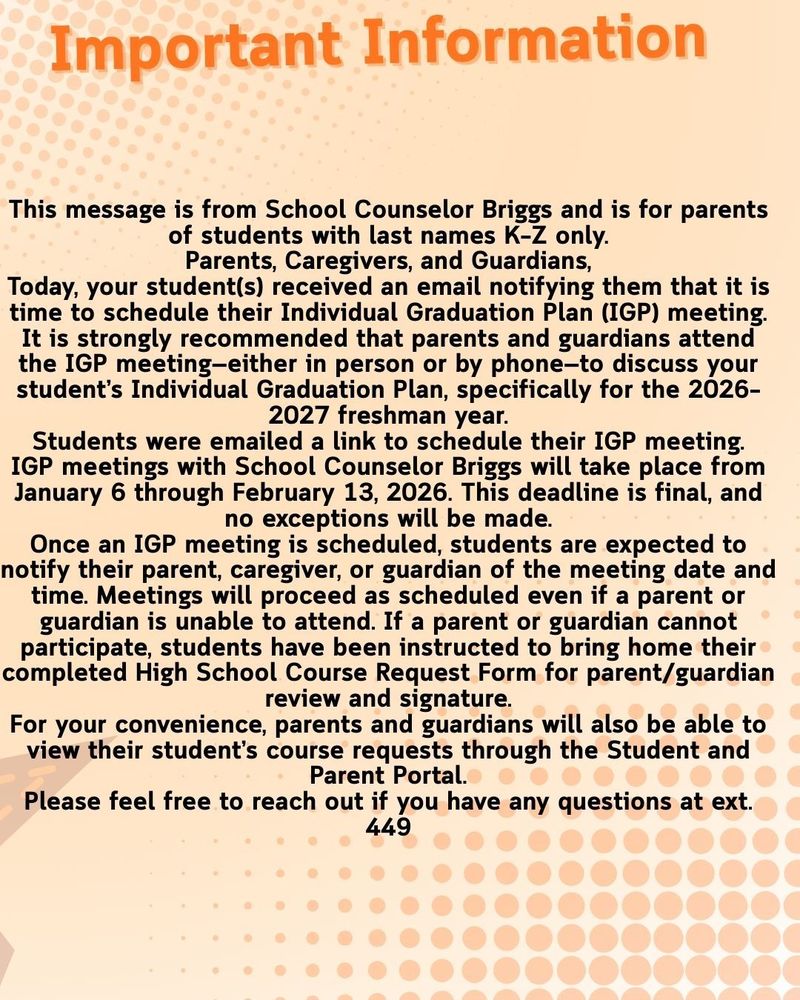 Important Information regarding IGP for students with last names K-Z only