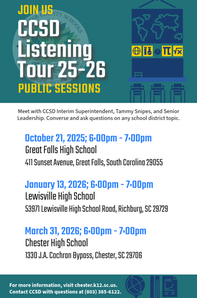 CCSD Interim Superintendent Tammy Snipes and the Senior Staff invite you to attend one of our public listening sessions. This is your opportunity to share feedback, ask questions, and engage in open conversation about our schools and district priorities. Our next session will be on Tuesday, October 21, 2025, at Great Falls High School from 6 pm - 7 pm. Call CCSD at 803.385.6122 if you have any questions!