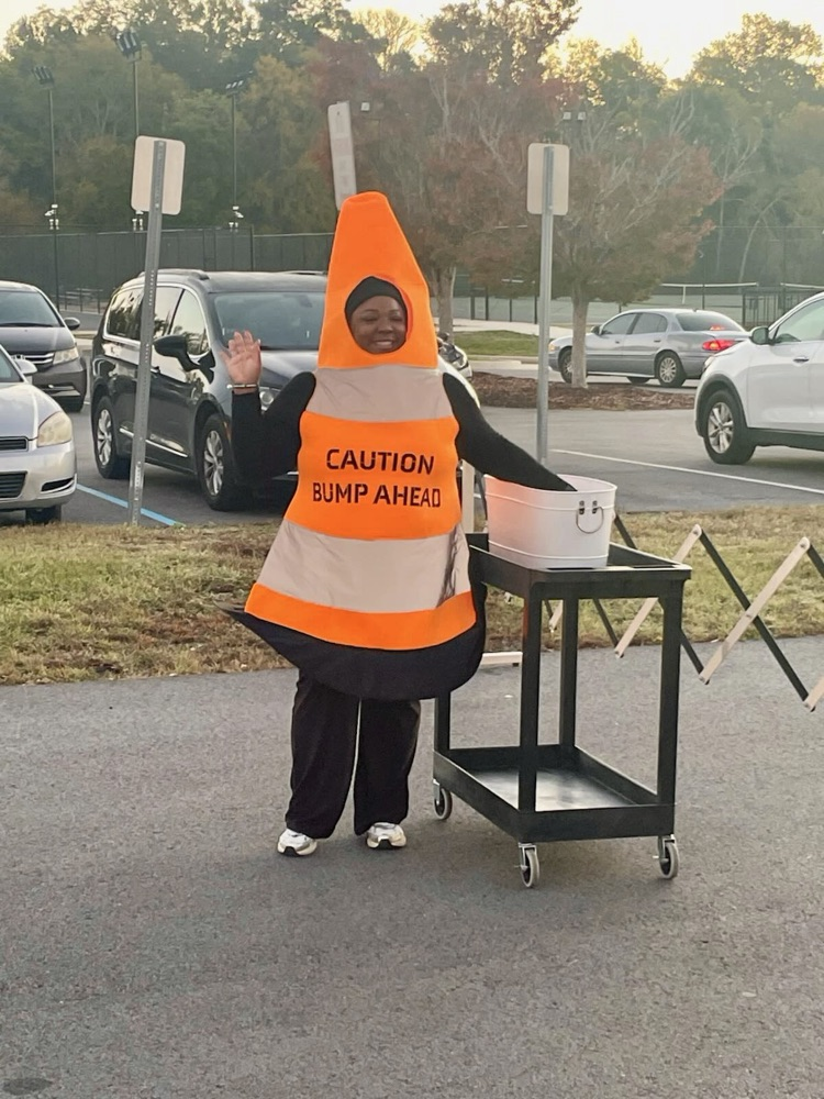 Our morning carline dressed as traffic cones.