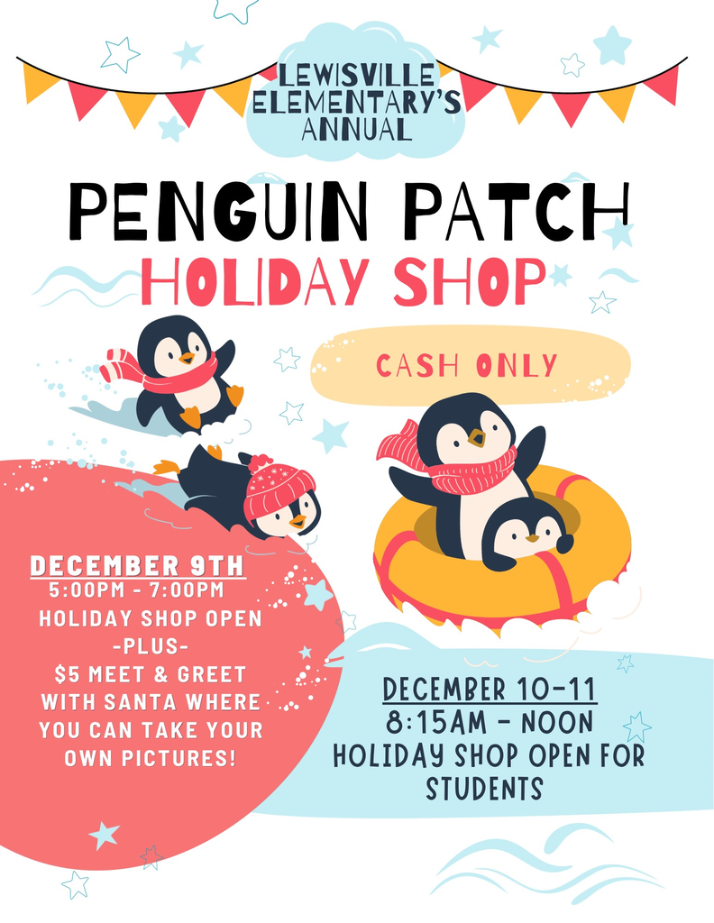 🎄✨ 🎉 LES Penguin Patch Holiday Shop Family Night! 🎉 ✨🎄  📅 Tuesday, December 9, 2025 🕔 5:00 PM – 7:00 PM ❄️ Join us for a night of holiday fun! ❄️ 🛍️ Holiday Shop will be open for families to find the perfect gifts.  🎅 NEW this year: A $5 Meet & Greet with Santa! 📸Take your own pictures and make magical memories!  💵 CASH ONLY for both the Holiday Shop and Santa Meet & Greet.  After Family Night, students can shop at school: 📅 December 10–11 🕗 8:15 AM – Noon  We can’t wait to celebrate with you! 🎁✨
