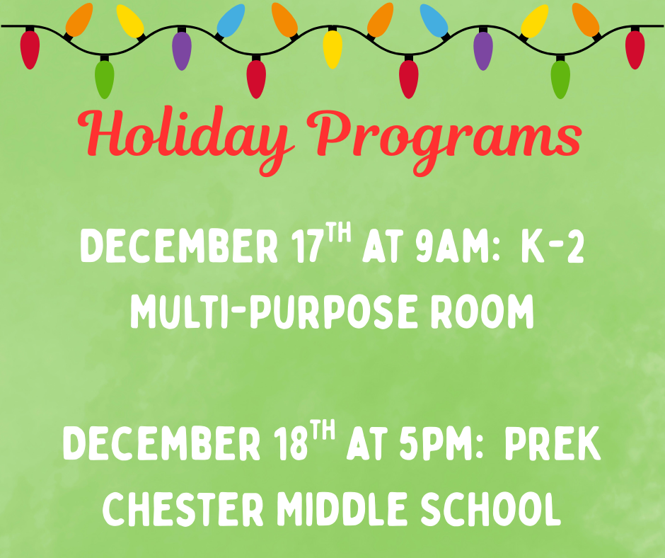 Our K-2 Holiday Program will be on December 17th at 9am. Our PreK Holiday Program will be on December 18th at 5pm.
