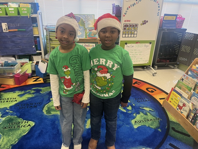 Students dressed in green for Grinch Day.