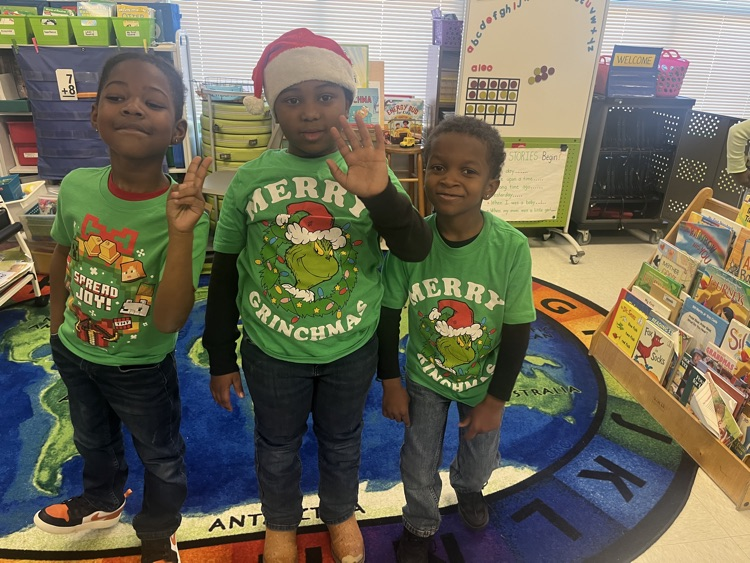 Students dressed in green for Grinch Day.