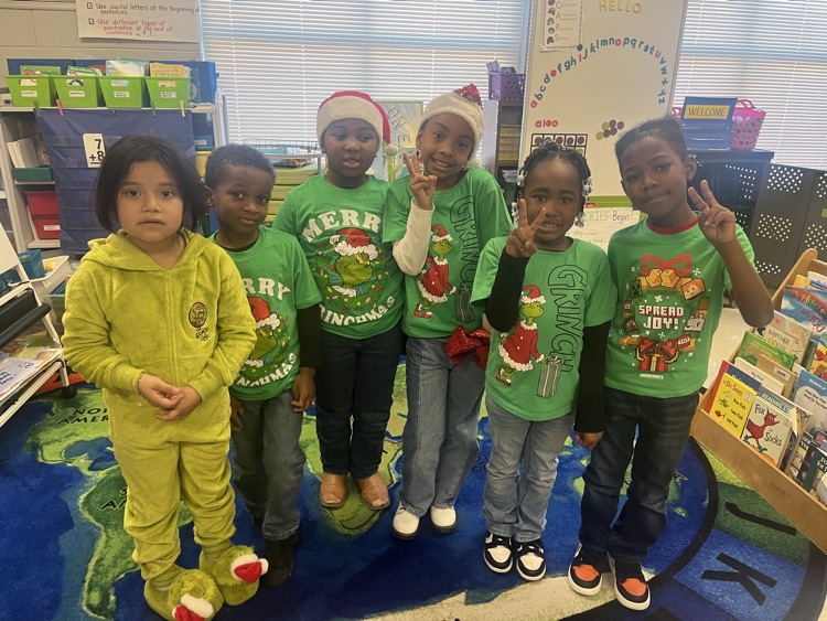 Students dressed in green for Grinch Day.