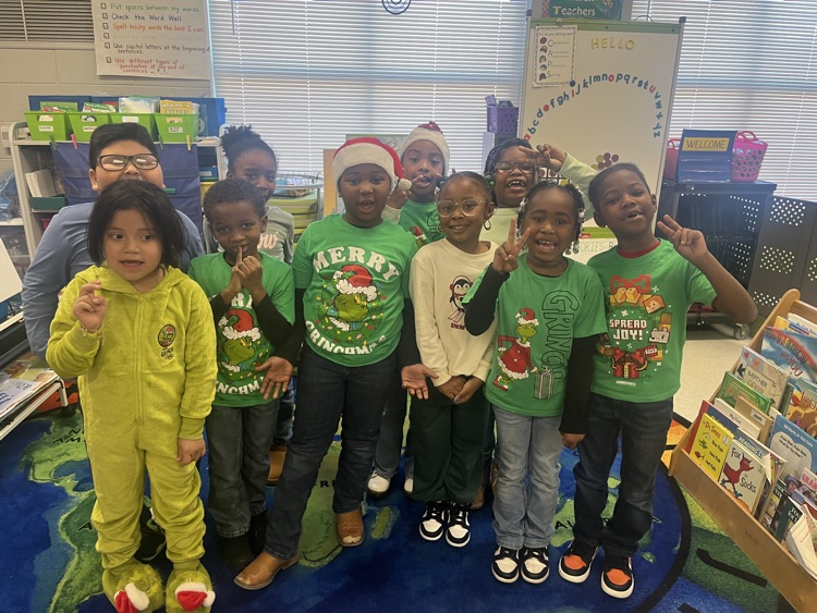 Students dressed in green for Grinch Day.