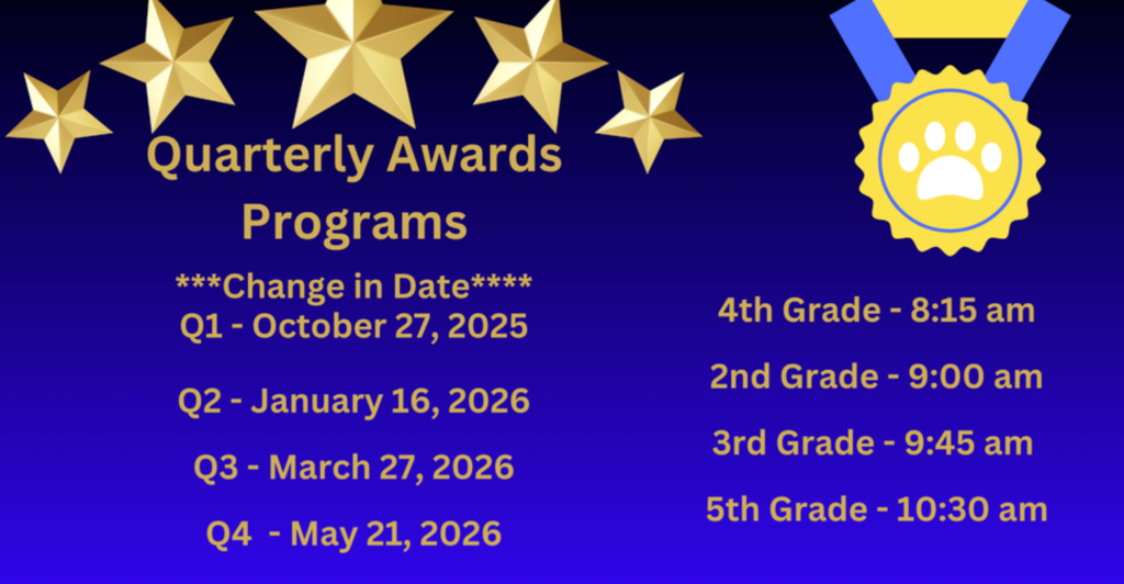 📅 Quarter 2 Awards – Friday, January 16, 2026 🕒 Schedule: 4th Grade – 8:15 AM 2nd Grade – 9:00 AM 3rd Grade – 9:45 AM 5th Grade – 10:30 AM