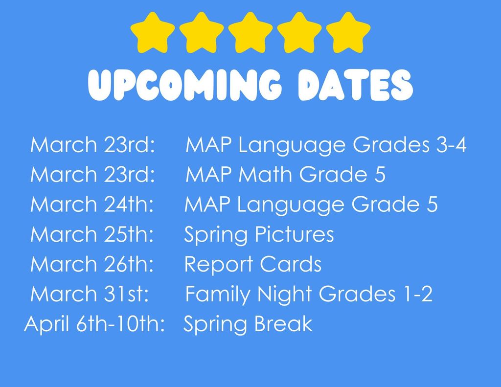 The image shows upcoming dates for March and Spring Break.