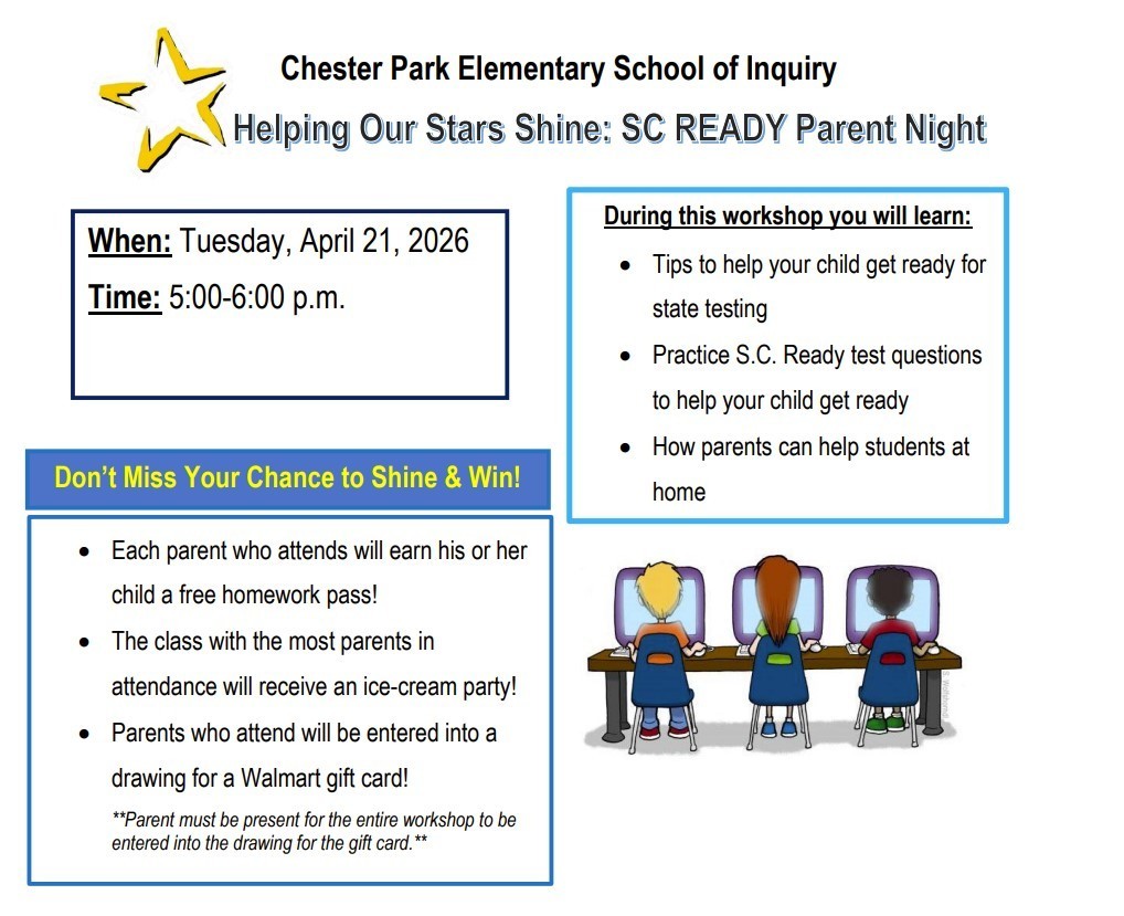 The flyer gives information about the SC READY Parent Night on April 21st.