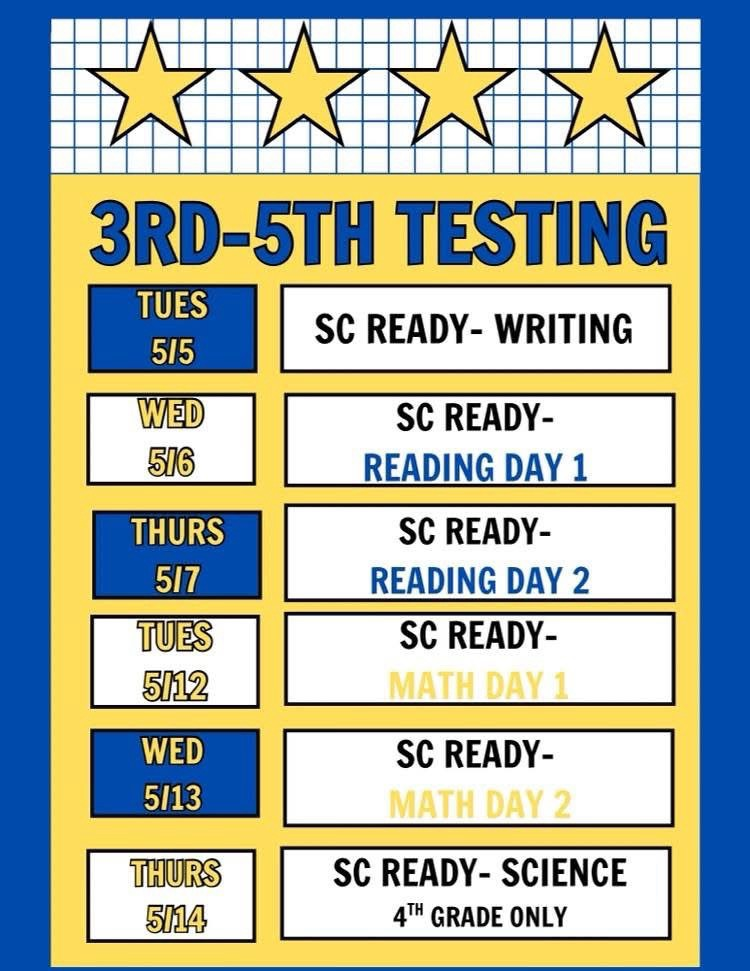 The flyer shows testing dates for SC READY  