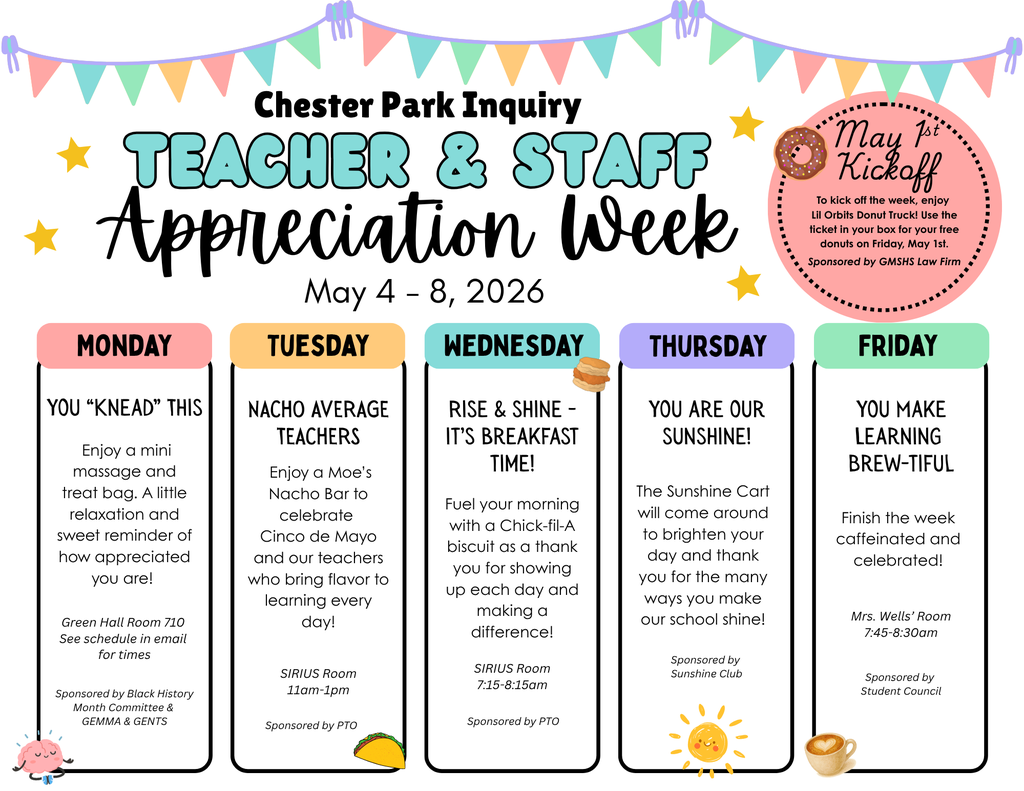 The flyer shows events for Teacher Appreciation Week.