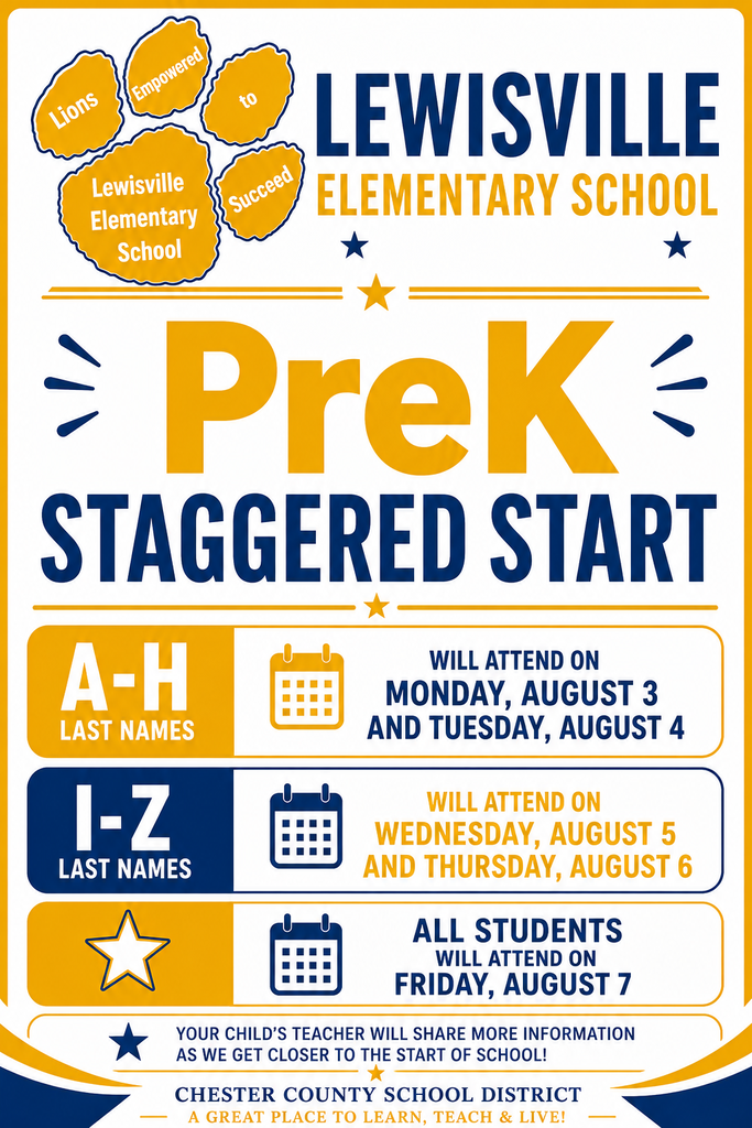 A blue and gold Lewisville Elementary School Pre-K Staggered Start poster with the school’s lion paw logo displayed in the upper left corner. The paw logo contains the words “Lions,” “Empowered,” “to,” “Succeed,” and “Lewisville Elementary School.” The top of the poster reads “Lewisville Elementary School.” Large gold and blue text in the center reads “Pre-K Staggered Start.” Decorative stars and accent lines in blue and gold separate the sections. The poster outlines the staggered start schedule for Pre-K students: A–H Last Names will attend on Monday, August 3 and Tuesday, August 4. This section features a gold background with a gold calendar icon. I–Z Last Names will attend on Wednesday, August 5 and Thursday, August 6. This section features a blue background with a blue calendar icon. All Students will attend on Friday, August 7. This section includes a gold star icon and a blue calendar icon. A message near the bottom states: “Your child’s teacher will share more information as we get closer to the start of school!” The bottom of the poster includes the Chester County School District name and the slogan: “A Great Place to Learn, Teach & Live!” The overall design uses Lewisville Elementary School colors of blue and gold and clearly communicates the staggered start schedule for Pre-K students. 🦁💙💛