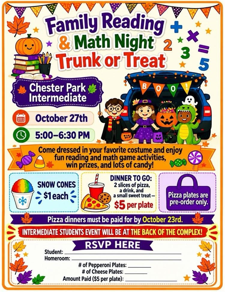 The flyer shows info for Trunk or Treat Family Night.