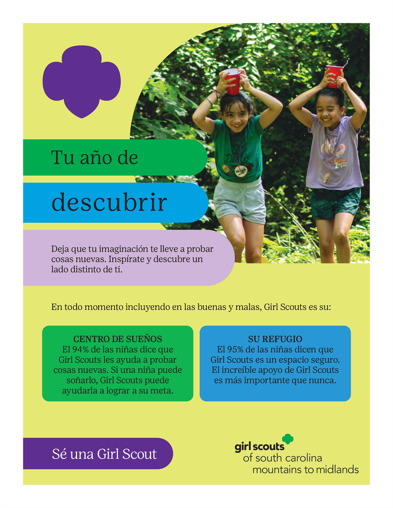 Girl Scouts of  South Carolina recruitment Flyer...text "Chester" to 803-900-3769