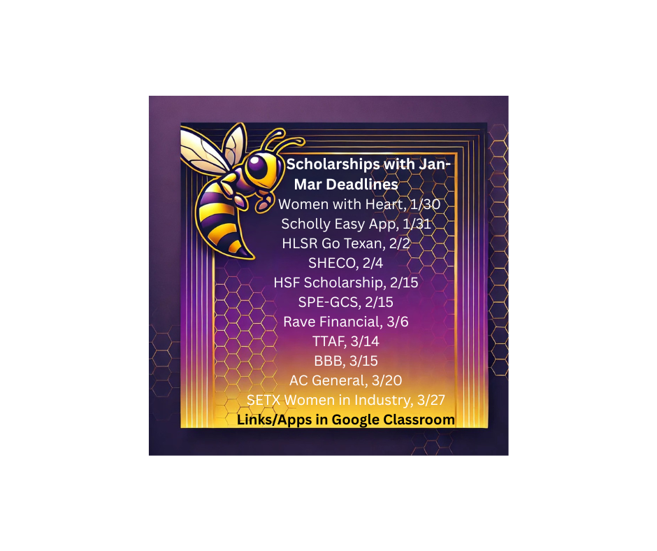Scholarships with Jan-Mar Deadlines. More info on Class of 2026 Google Classroom.