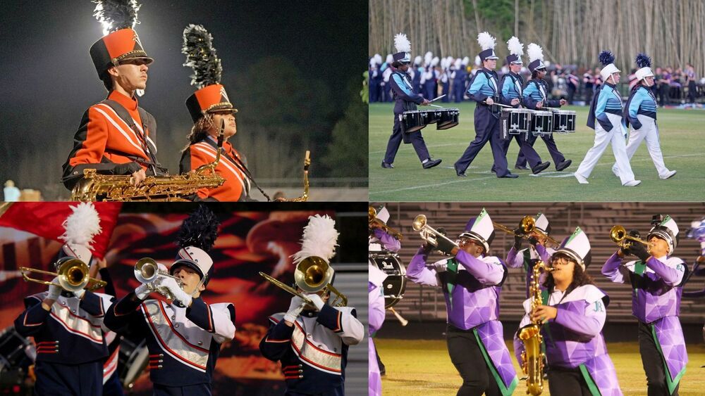 Collage of marching bands performing