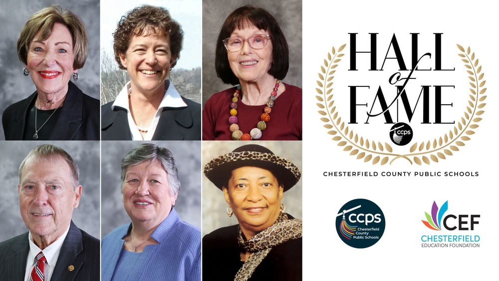 A collage of six portraits with a logo for the Hall of Fame