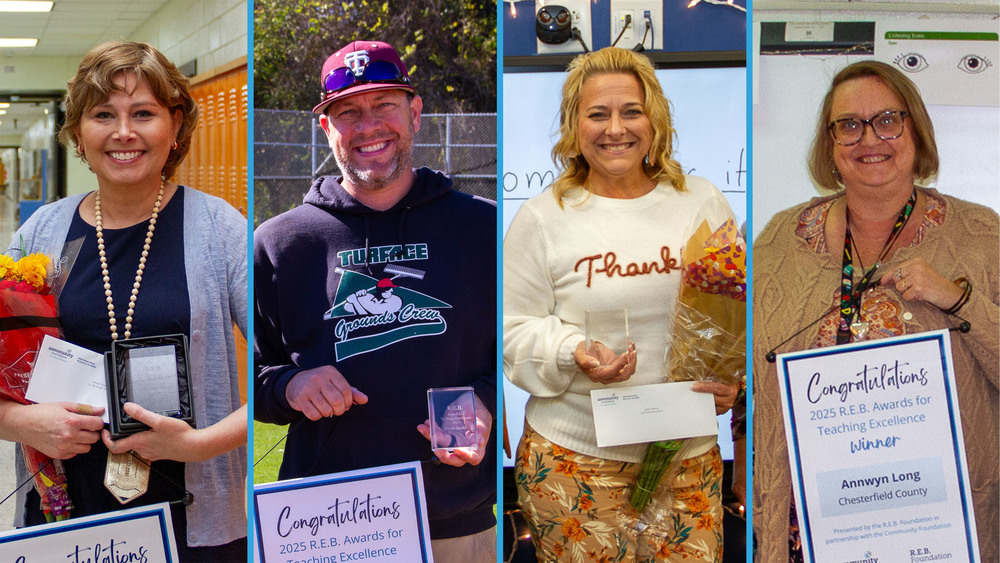 Four teachers smiling and holding awards