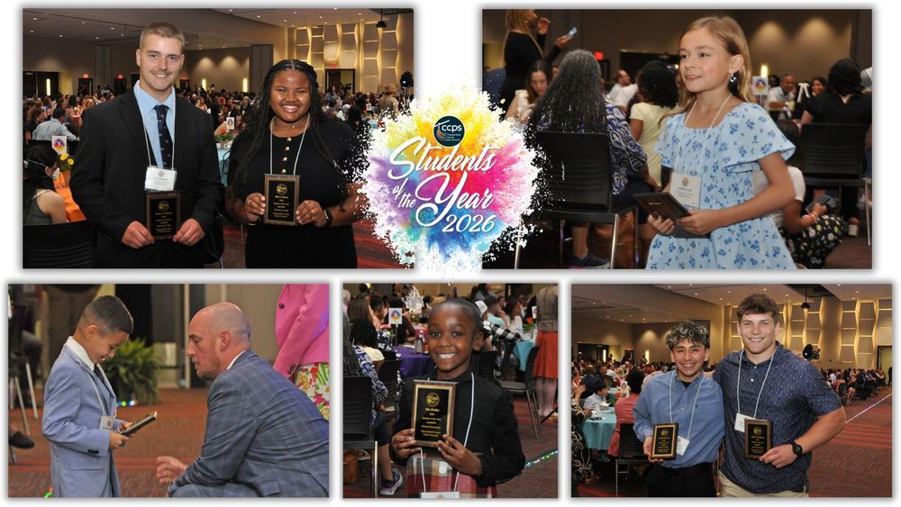 Collage of students receiving plaques and smiling