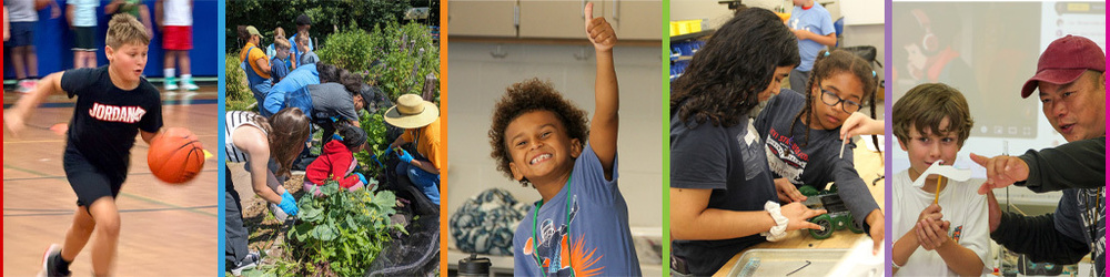 Collage of students playing basketball, gardening, building robots and cheering