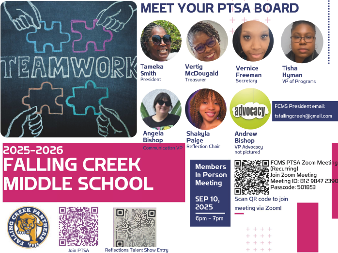 Meet FCMS PTSA Board Members. Please help support FCMS by joining the PTSA.