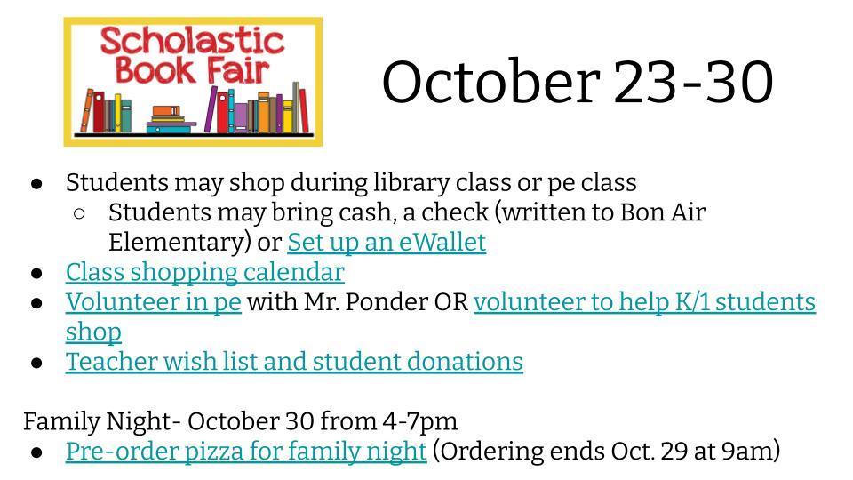 BAES Scholastic Book Fair, October 23-30