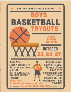 2025 -2026 Boys Basketball Try-Outs October 23,24 & 27 after school until 5:00pm
