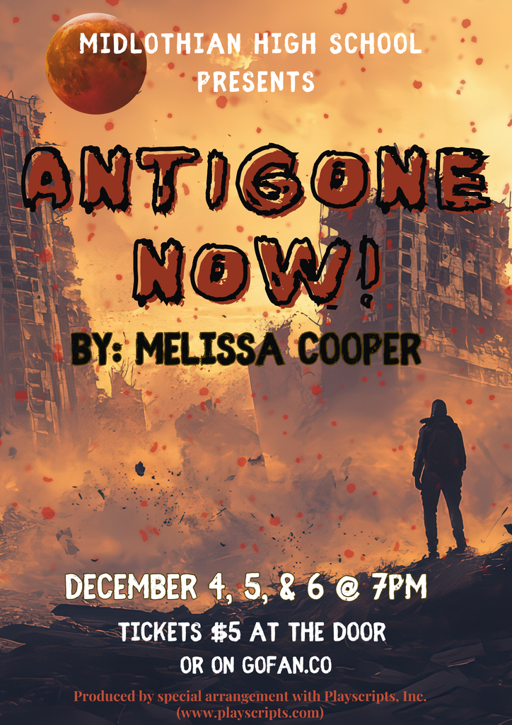 Antigone Now! Poster showing widespread urban destruction and a lone shadowy figure.
