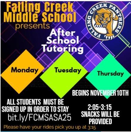 FCMS presents After School Tutoring, @ 2:05pm - 3:15pm on Monday, Tuesday and Thursday's