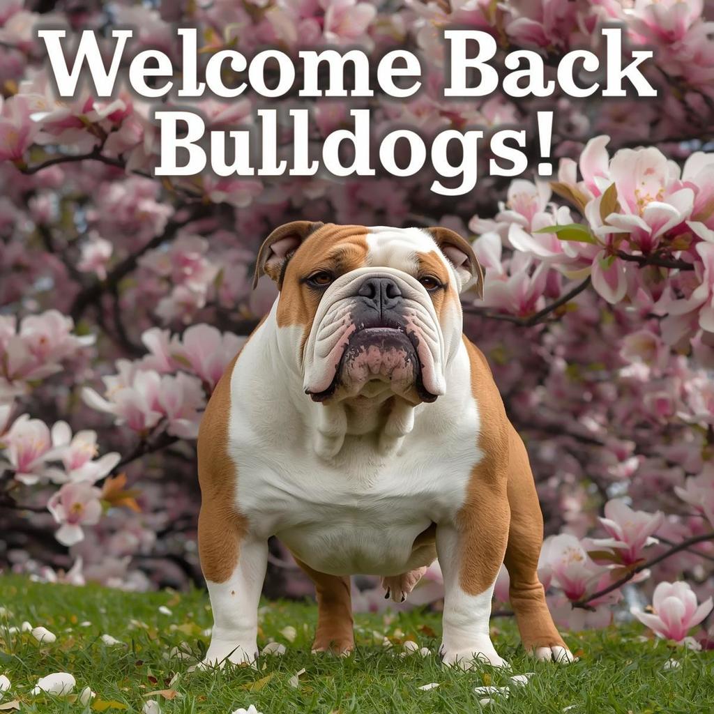 Bulldog standing in front of a blooming dogwood tree. At the top it says "Welcome Back Bulldogs!"