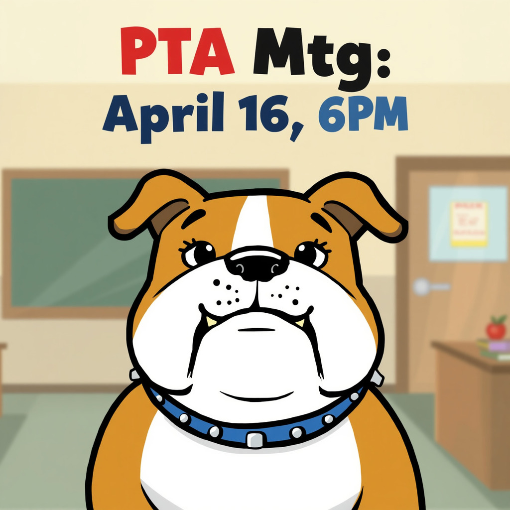 PTA Mtg, April 16, 6pm (photo of bulldog)