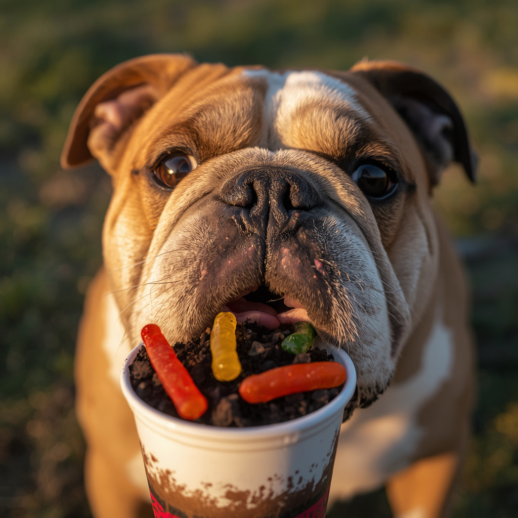 Bulldog eating a direct cup dessert