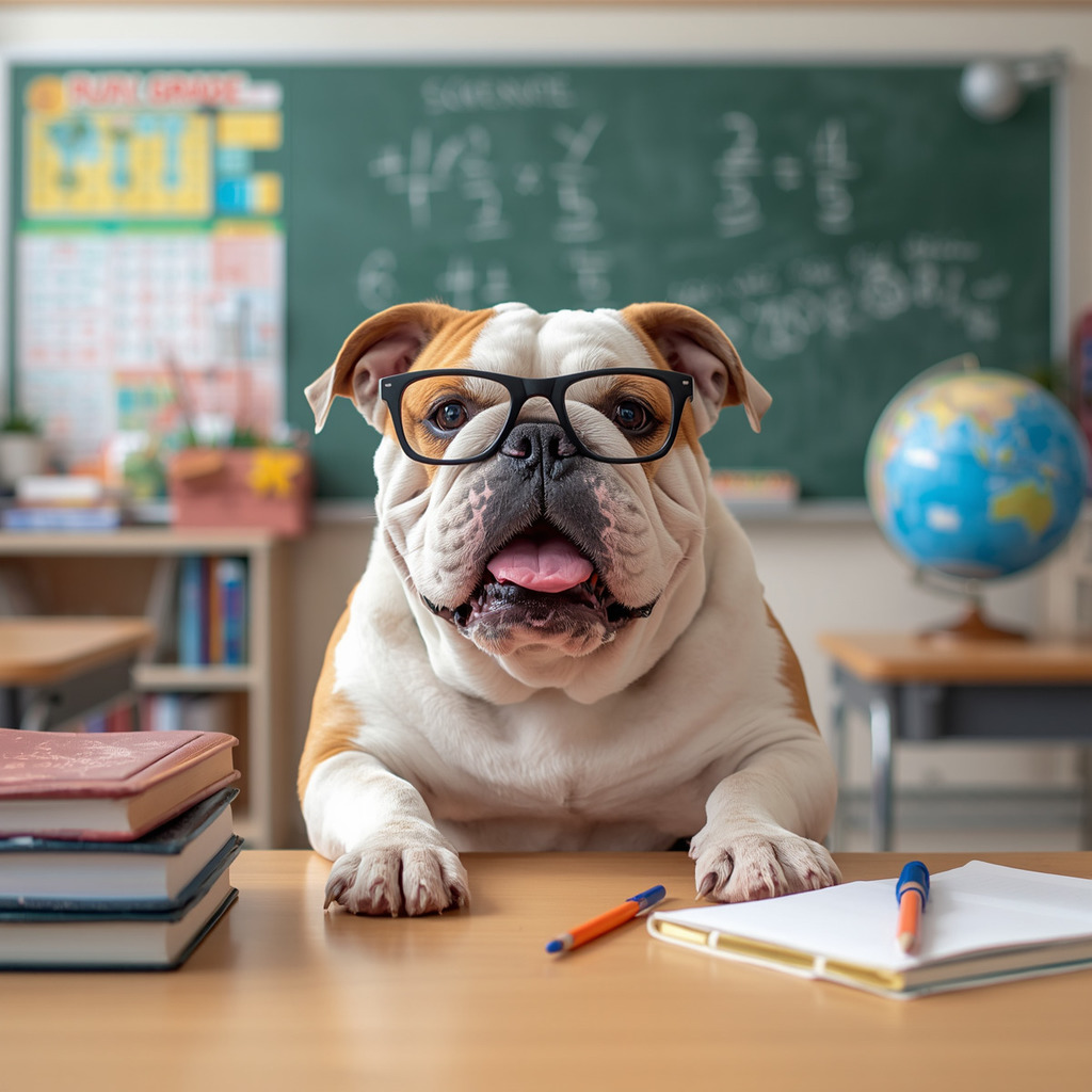 Bulldog sitting at a desk.