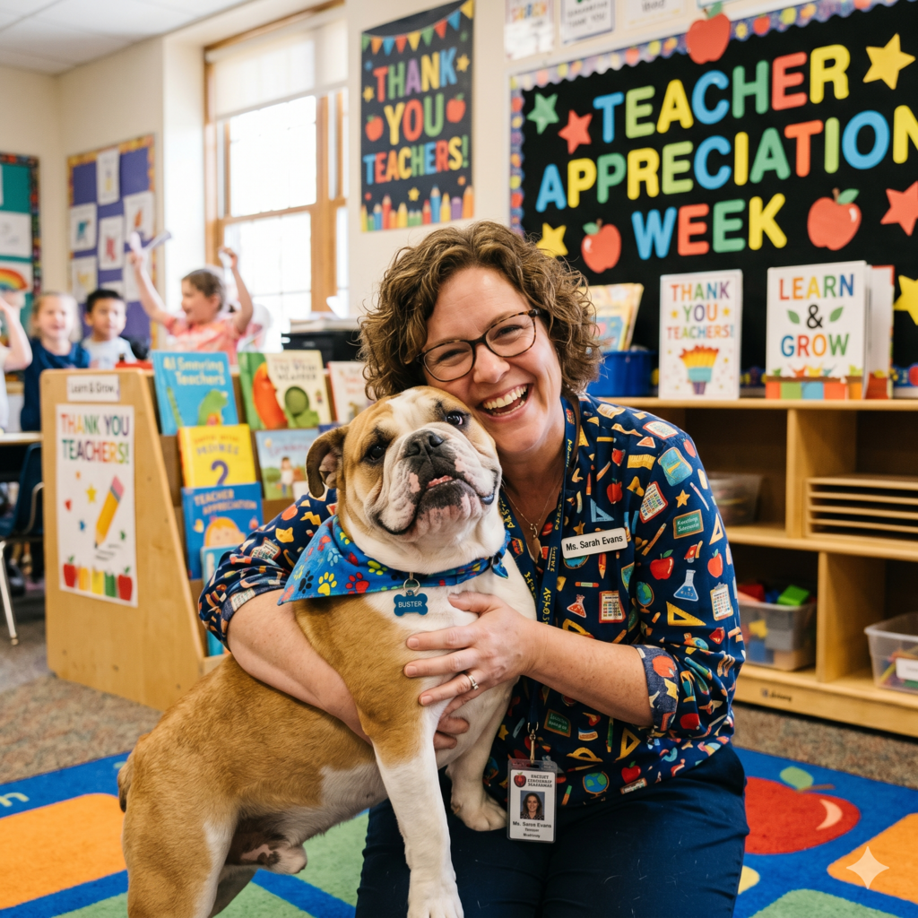 Teacher hugging a bulldog with the words Teacher Appreciation Week in the background.